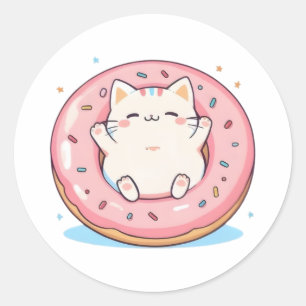 Pegatina Redonda Gato Lindo en Diseño Dulce Kawaii de Donut