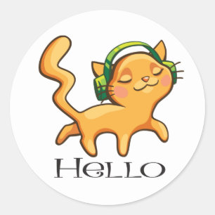 Pegatina Redonda Gato lindo hola gatito amante de la música