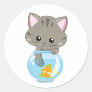 Pegatina Redonda Gato Lindo Señora Gato Loco Gatito Lindo Pescado