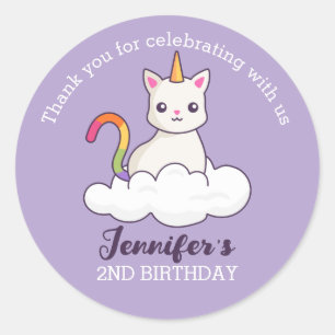 Pegatina Redonda Gato lindo unicornio niños cumpleaños favor