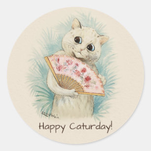 Pegatina Redonda Gato Louis Wain White con un ventilador CC0707