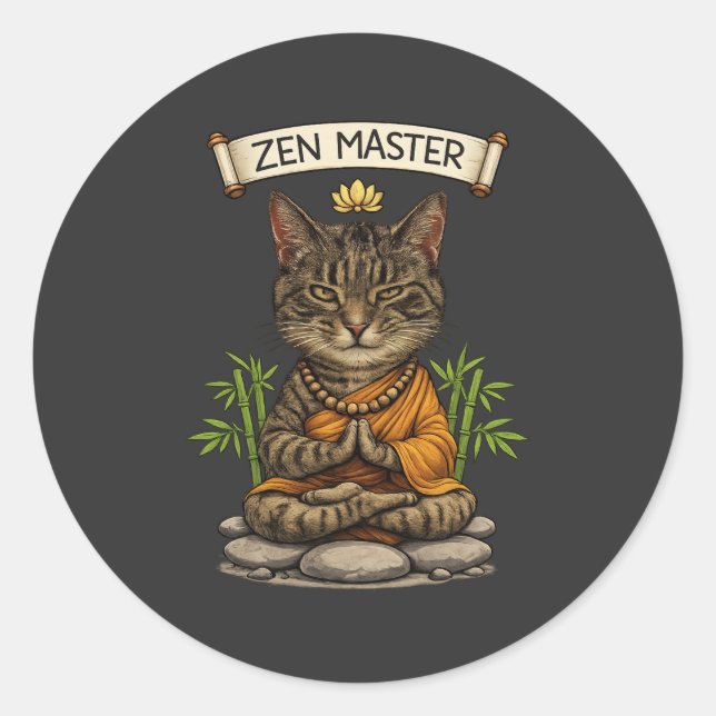 Pegatina Redonda Gato Maestro Zen Divertido Gato Gris Atigrado Rega (Anverso)