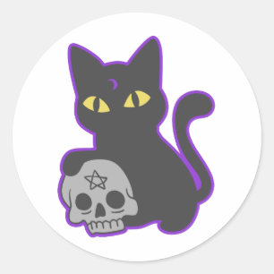 Pegatina Redonda Gato mágico con cráneo fantasma - Elegir color de