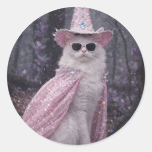 Pegatina Redonda Gato Mago Mágico con Capa y Sombrero Rosa Brillant