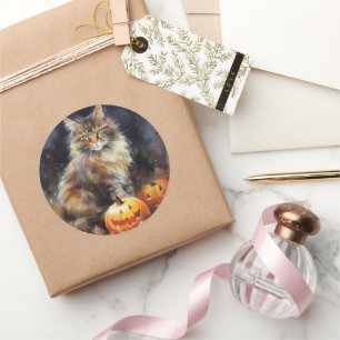Pegatina Redonda Gato Maine Coon de Halloween con Calabazas Espeluz