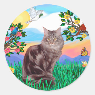 Pegatina Redonda Gato Maine Coon - Vida Brillante