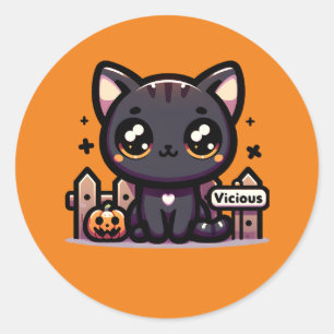 Pegatina Redonda Gato malvado de gatito de Halloween Kitten