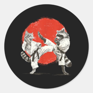 Pegatina Redonda Gato Mapache de Karate Divertido _ Artes Marciales