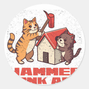Pegatina Redonda Gato Martillo Bonk Meme Divertido Arte Retro Lindo