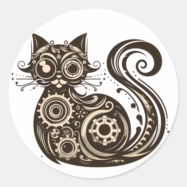 Pegatina Redonda Gato mecánico de Steampunk (Anverso)
