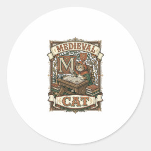 Pegatina Redonda Gato Medieval Manuscrito Medieval Vintage