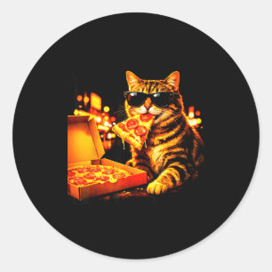 Pegatina Redonda Gato meme divertido con gafas de sol come pizza