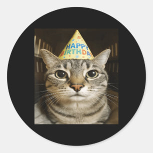 Pegatina Redonda Gato Meme Divertido Mirando Tarjeta de Cumpleaños