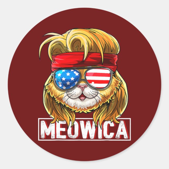 Pegatina Redonda Gato Meowica Mullet Bandera Estadounidense Patriót (Anverso)