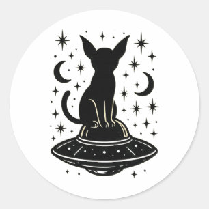 Pegatina Redonda Gato místico en OVNI con estrellas y lunas