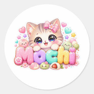 Pegatina Redonda Gato Mochi Kawaii Lindo Nombre Rosa Pastel Brillan