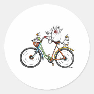 Pegatina Redonda Gato monta una bicicleta colorida - Gatos - Regalo