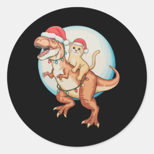Pegatina Redonda Gato montando dinosaurio T Rex Luna Navidad Xmas