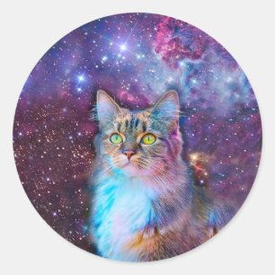 Pegatina Redonda Gato morado en el espacio