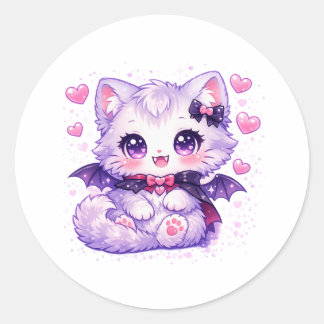 Pegatina Redonda Gato Murciélago Kawaii – Gato Alado Vampiro Lindo
