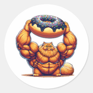 Pegatina Redonda Gato Musculoso Levantando Donut
