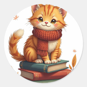 Pegatina Redonda Gato Naranja Acogedor Leyendo Libro Dark Academia