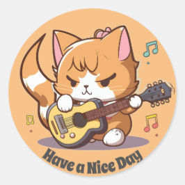 Pegatina Redonda Gato Naranja Adorable Tocando Guitarra