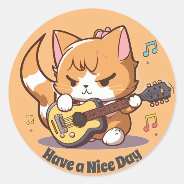 Pegatina Redonda Gato Naranja Adorable Tocando Guitarra (Anverso)