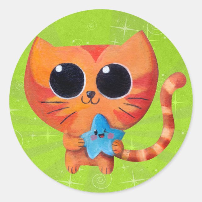 Pegatina Redonda Gato Naranja con estrella (Anverso)