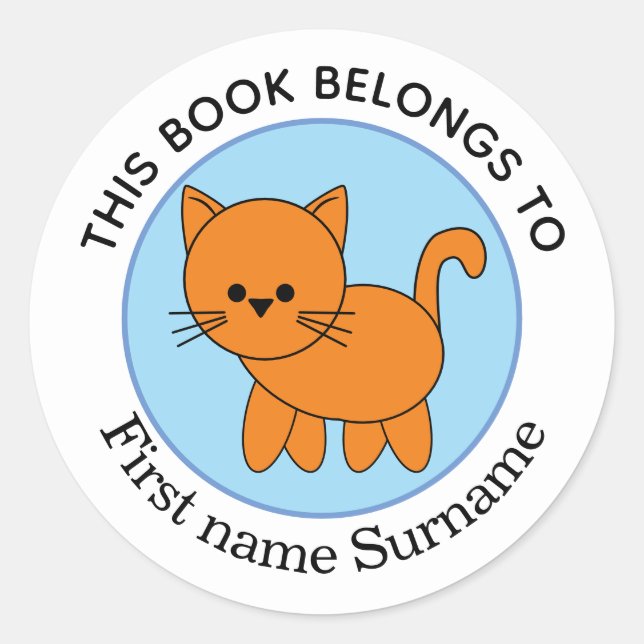 Pegatina Redonda Gato Naranja Este Libro Pertenece Personalizado  (Anverso)