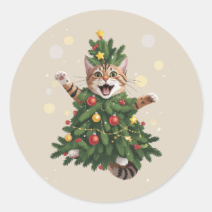 Pegatina Redonda Gato Naranja Jengibre Árbol Navidad Navideño Mono