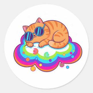Pegatina Redonda Gato naranja lindo durmiendo en una nube de arcoír