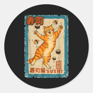 Pegatina Redonda Gato naranja saltando con sushi comida japonesa ho