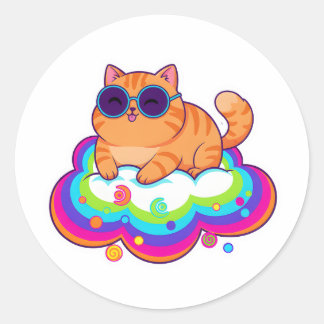 Pegatina Redonda Gato naranja travieso Blep en nube de arcoíris