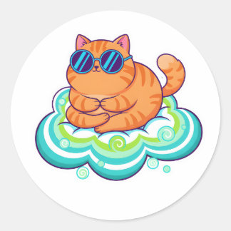Pegatina Redonda Gato Naranja Zen Meditando en Nube Verde Azulada
