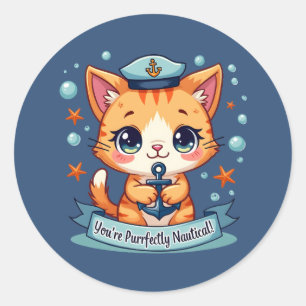 Pegatina Redonda Gato Náutico Kawaii Ancla de Vela Juego de Palabra