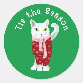 Pegatina Redonda Gato Navidad blanco en Personalizado de suéter nav