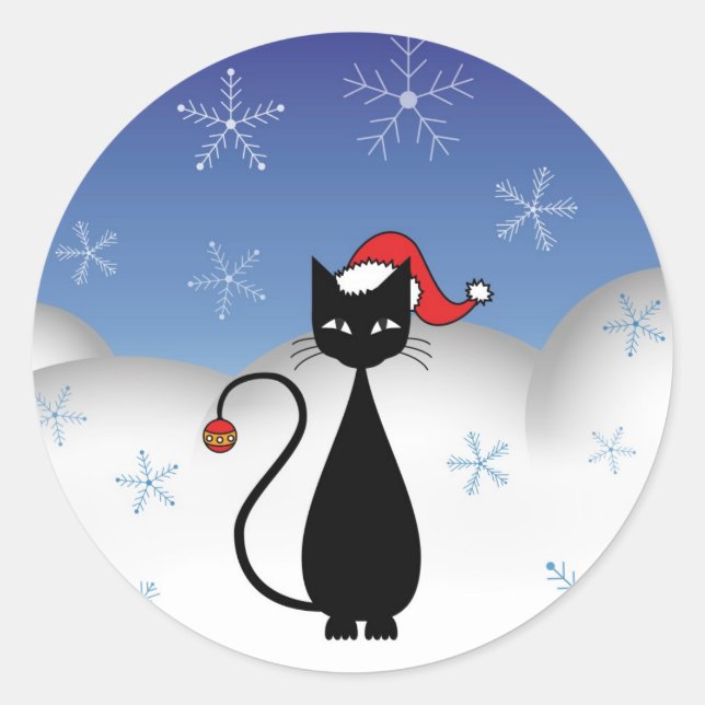 Pegatina Redonda Gato navidad con copos de nieve (Anverso)