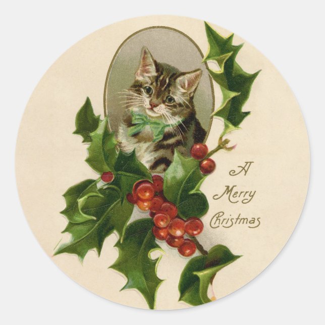 Pegatina Redonda Gato Navidades Merry Holly Kitten Arte Antiguo (Anverso)