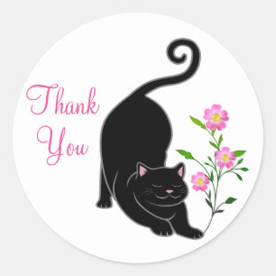 Pegatina Redonda Gato negro adorable con flores Gracias