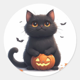 Pegatina Redonda Gato Negro Adorable Tema Mágico de Halloween 🎃