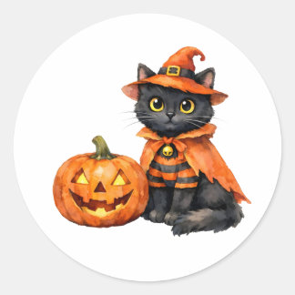 Pegatina Redonda Gato negro al agua en disfraz de Halloween