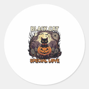 Pegatina Redonda Gato Negro Amor Especial Halloween Calabaza Luna L