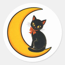 Pegatina Redonda Gato Negro Antiguo en Luna Creciente Halloween