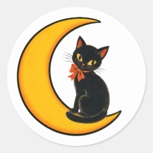 Pegatina Redonda Gato Negro Antiguo en Luna Creciente Halloween