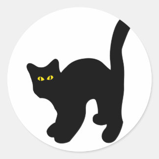 Pegatina Redonda gato negro arqueado hacia atrás