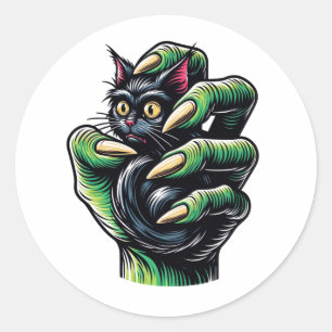 Pegatina Redonda Gato negro atrapado por la mano bruja