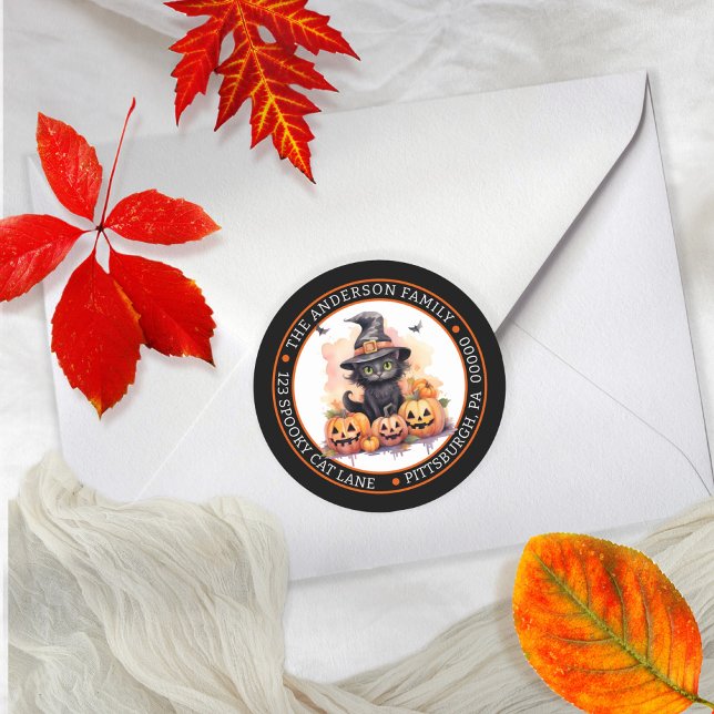 Pegatina Redonda Gato Negro Bonito | Sombrero de Brujas Dirección d (Witchy is the word with a cute cat in a witch hat orange floral design return address envelope seal.)