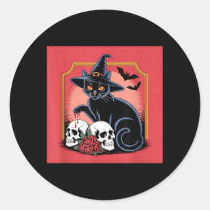 Pegatina Redonda Gato Negro Bruja Sombrero Calaveras Rosas Murciéla