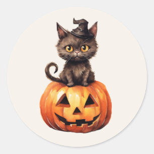 Pegatina Redonda Gato Negro Bruja Sombrero Naranja Jack O Lantern C
